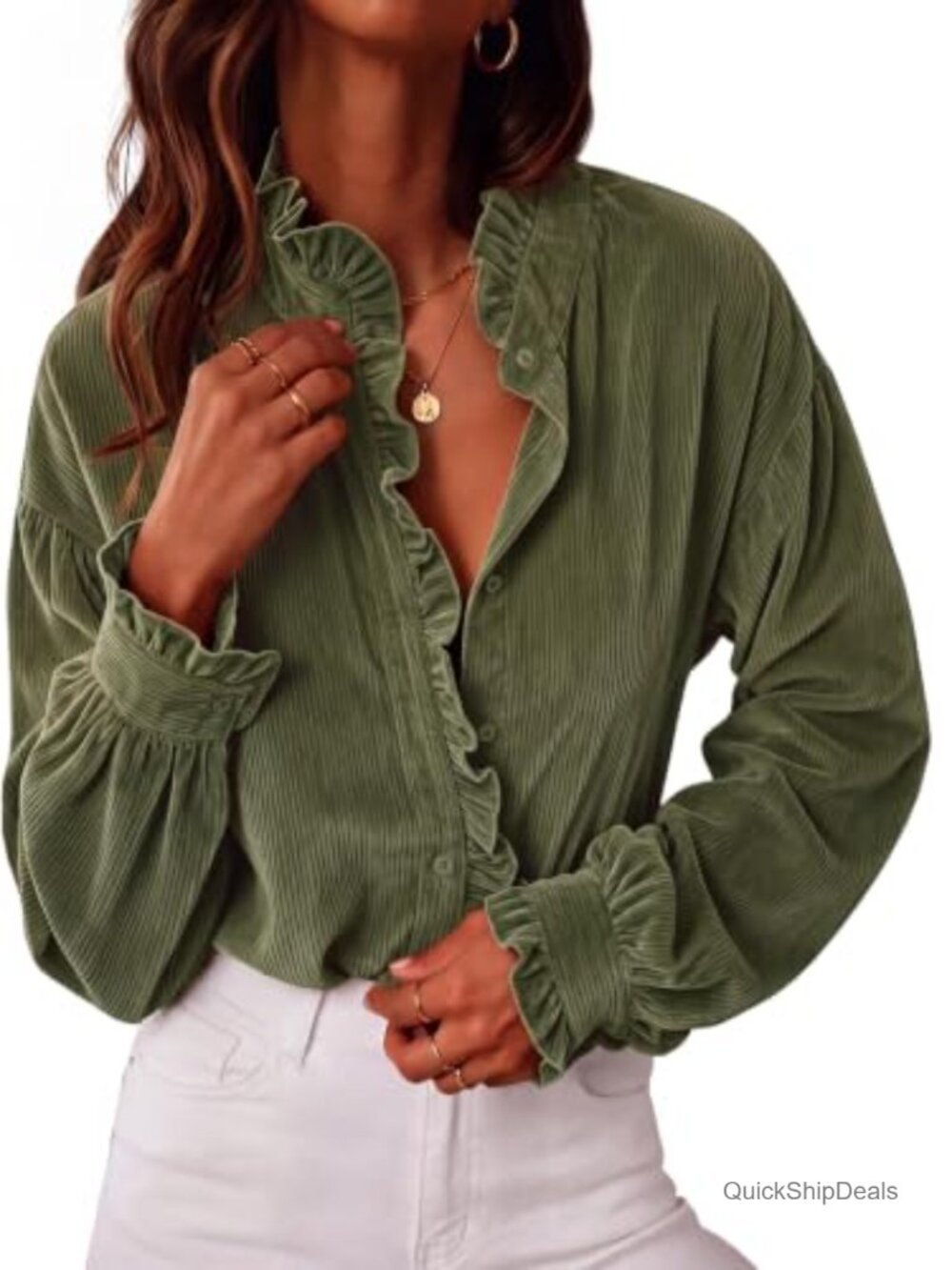 Womens Corduroy Ruffle Shirt Button Down Blouse Long Sleeve Loose Fit